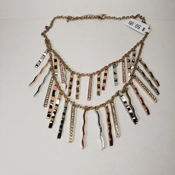 Mixed Metal Fringe Statement Necklace – Gold, Rose & Silver tone Fashion Jewelry - Picture 10 of 12